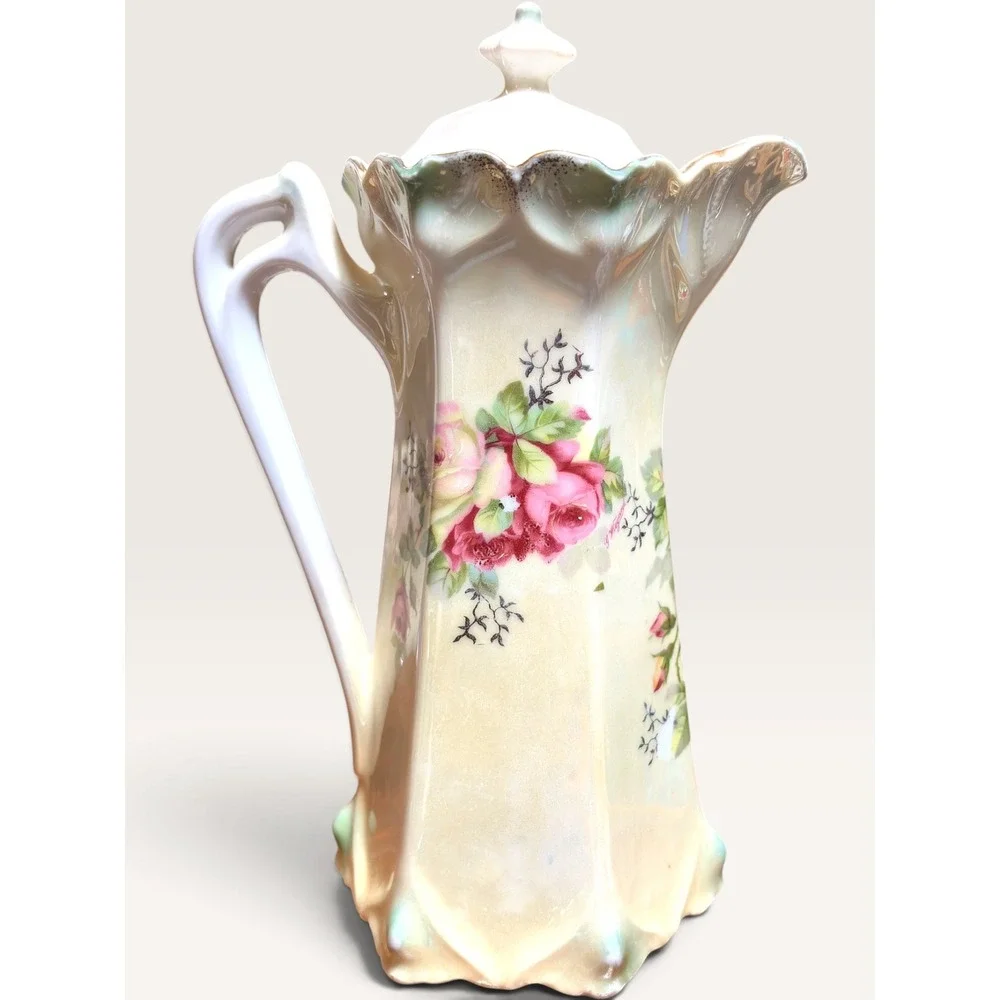 Antique Germany G Wiegand Pink Rose Luster Glaze Porcelain Chocolate Pot Teapot